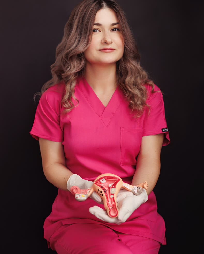 Machetă anatomică a uterului, pe biroul din cabinet, lângă mâinile medicului